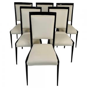 Set di 6 Sedie Italiane Anni 50 Att. a Vittorio Dassi, Legno Laccato Nero e Velluto Crema